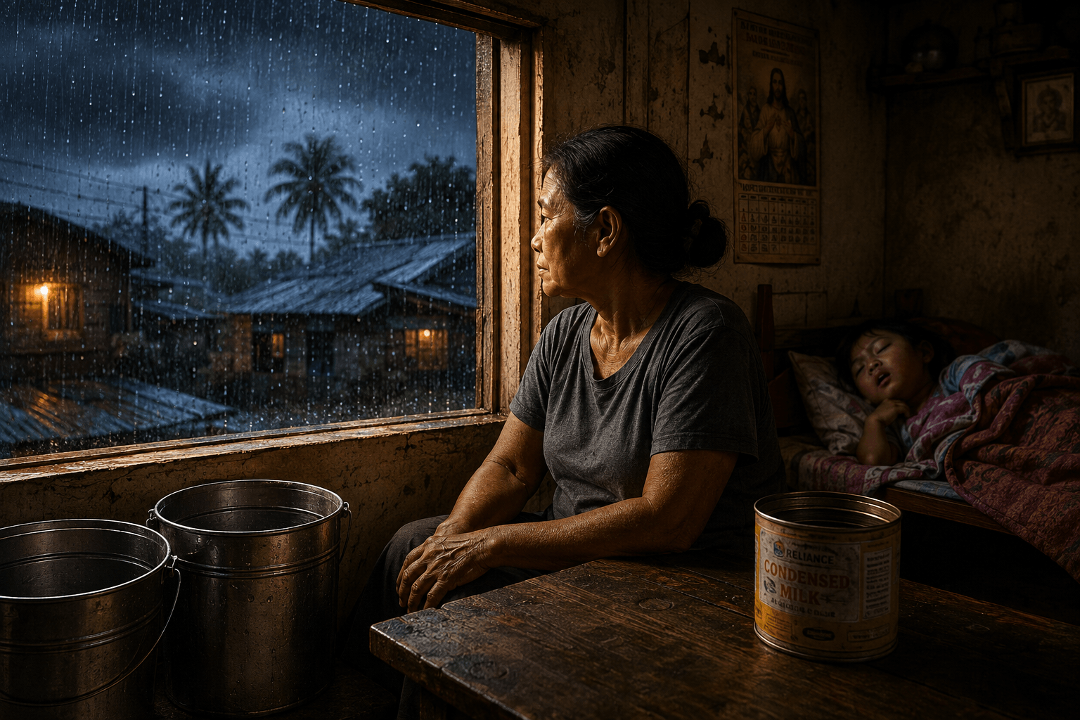 Rainy Tuesday — Aling Nena at window, tin can, child sleeping, storm outside