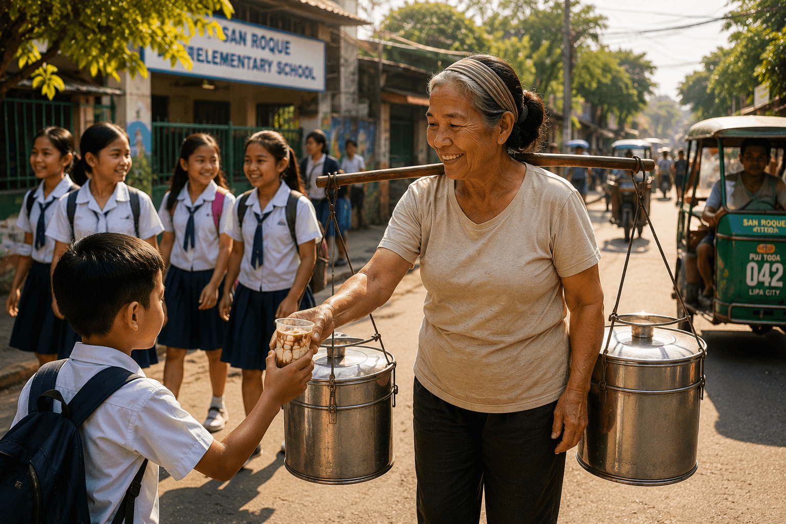 Aling Nena at San Roque Elementary with her taho buckets