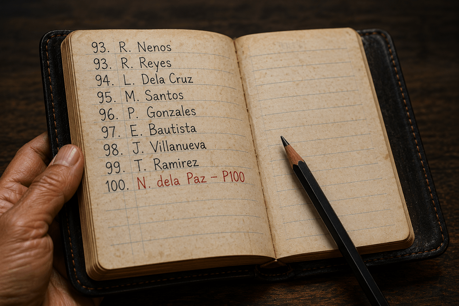 Mang Turing's Notebook — #100 N. dela Paz circled in red