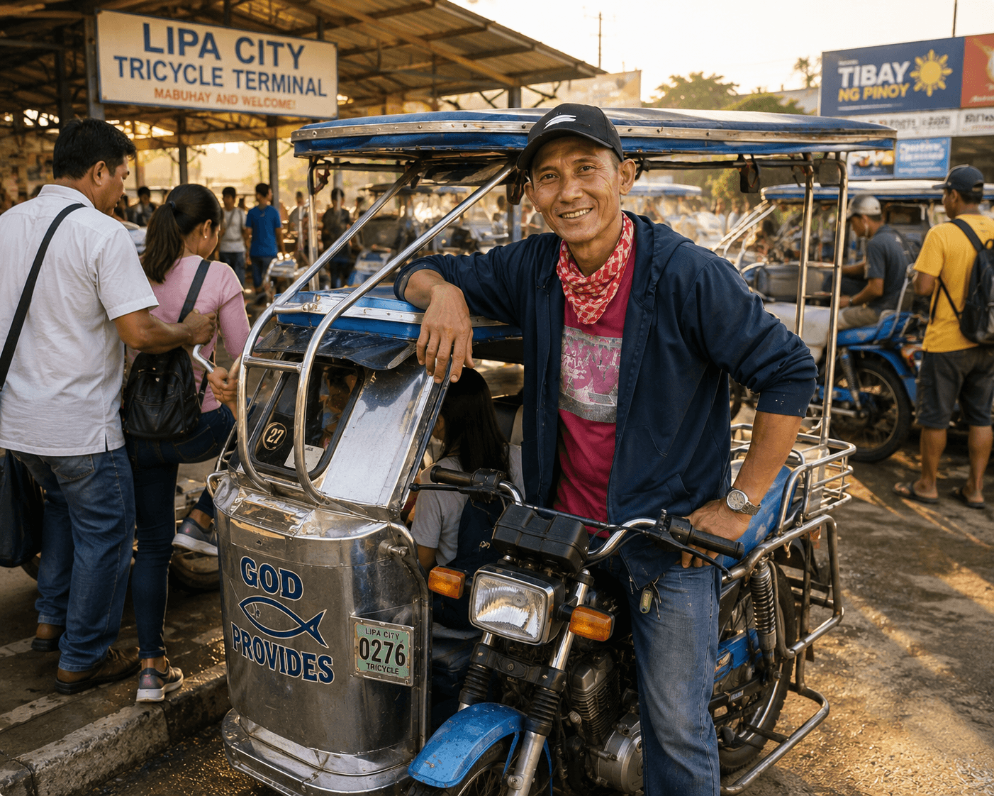 Jose at the Lipa City terminal with his blue tricycle